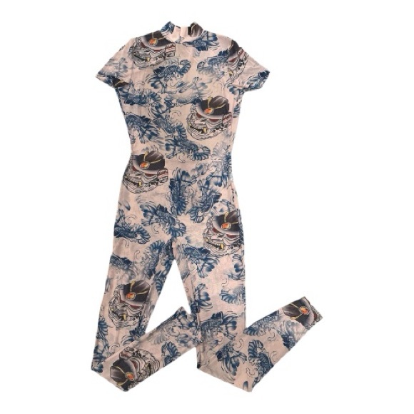 Abstract Sheer Mesh Jumpsuit, Pink and Blue - Picture 7 of 11